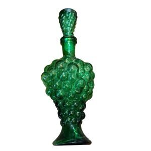 Vintage Italian Empoli Emerald Green Glass Grapes Decanter Wine Bar Cart EUC